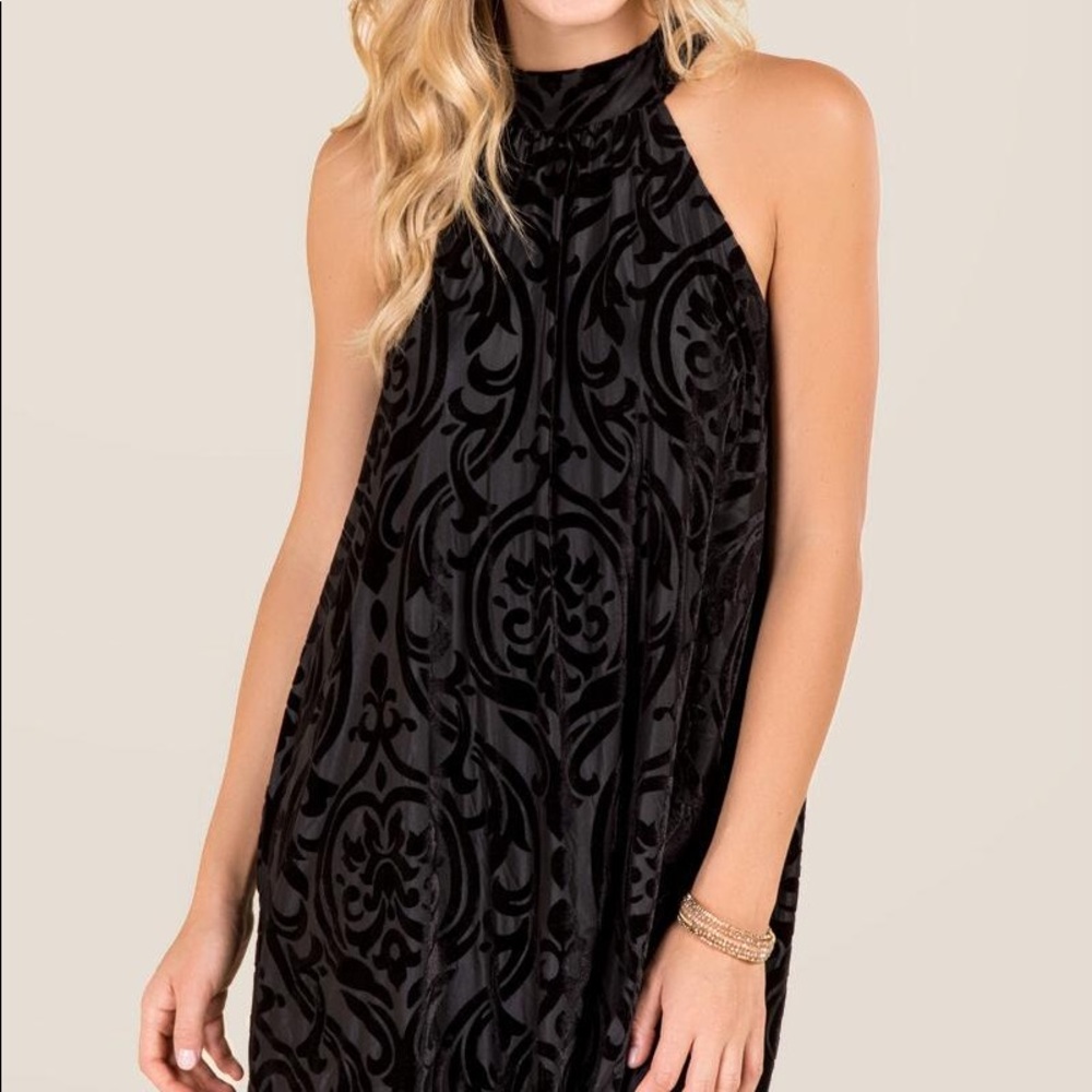 Francesca’s Black Velvet Print High-Neck Dress